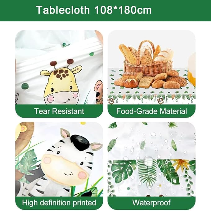 DISPOSABLETABLEWARE SET FOR JUNGLE PARTY DECOR, WITH 4 STYLE 20 ANIMAL PLATES AND CUPS, NAPKINS AND TABLECLOTH FOR 20 GUESTS, JUNGLE THEME PARTY SUPPLIES FOR KIDS BIRTHDAY 142 PCS - Image 3